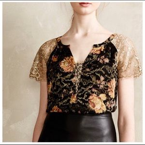 HD in Paris Gold /Black Lace Floral Silk Blouse